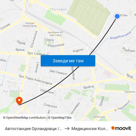 Автостанция Орландовци / Orlandovtsi Bus Station (0063) to Медицински Колеж ""Й. Филаретова"" map