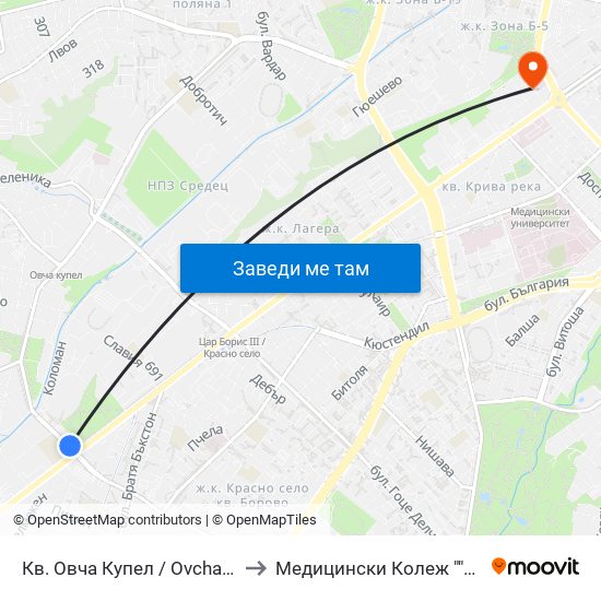 Кв. Овча Купел / Ovcha Kupel Qr. (0882) to Медицински Колеж ""Й. Филаретова"" map