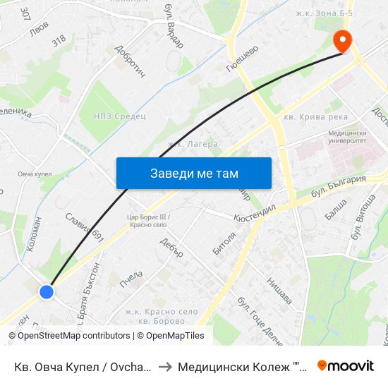 Кв. Овча Купел / Ovcha Kupel Qr. (0879) to Медицински Колеж ""Й. Филаретова"" map