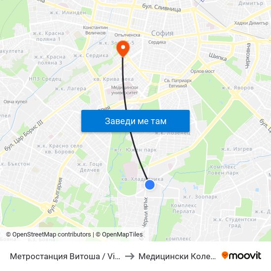 Метростанция Витоша / Vitosha Metro Station (0909) to Медицински Колеж ""Й. Филаретова"" map