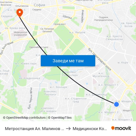 Метростанция Ал. Малинов / Al. Malinov Metro Station (0234) to Медицински Колеж ""Й. Филаретова"" map