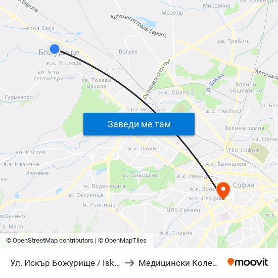 Ул. Искър Божурище / Iskar St. Bozhurishte(2604) to Медицински Колеж ""Й. Филаретова"" map