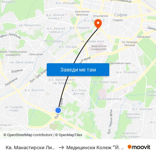 Кв. Манастирски Ливади (0866) to Медицински Колеж ""Й. Филаретова"" map