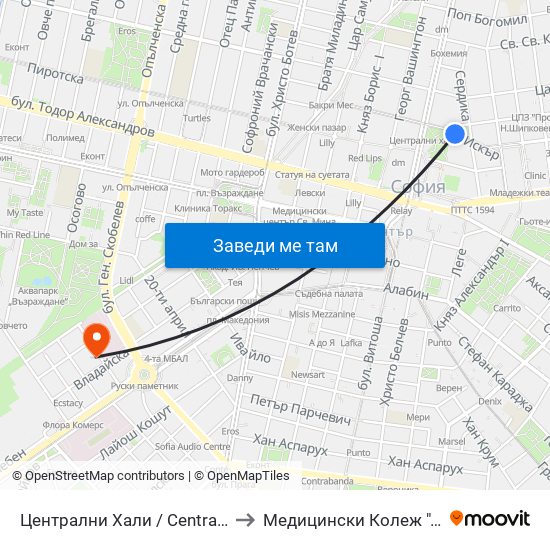 Централни Хали / Central Market Hall (2334) to Медицински Колеж ""Й. Филаретова"" map