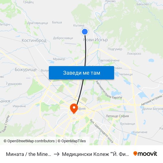 Мината / the Mine (1069) to Медицински Колеж ""Й. Филаретова"" map