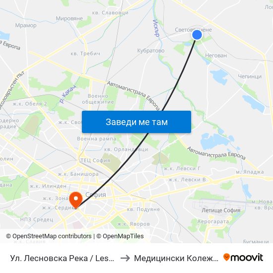 Ул. Лесновска Река / Lesnovska Reka St. (2544) to Медицински Колеж ""Й. Филаретова"" map