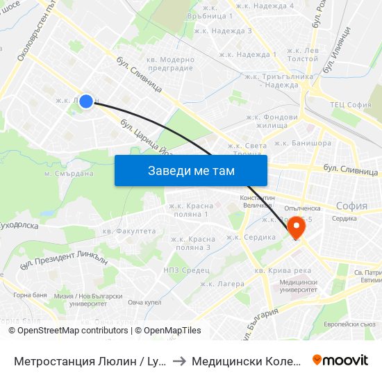 Метростанция Люлин / Lyulin Metro Station (1055) to Медицински Колеж ""Й. Филаретова"" map