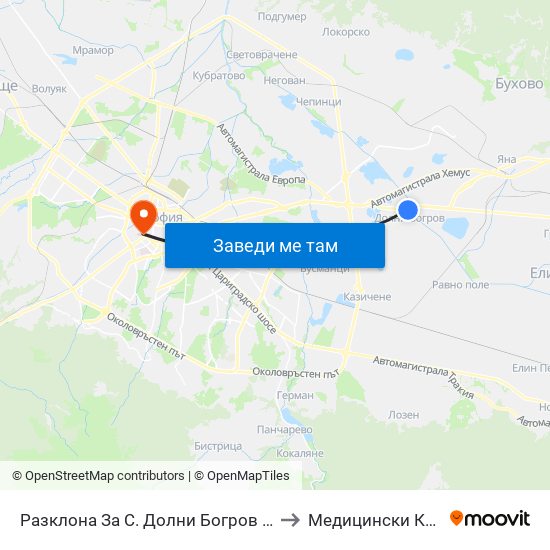 Разклона За С. Долни Богров / Fork Road To Dolni Bogrov Village (2512) to Медицински Колеж ""Й. Филаретова"" map