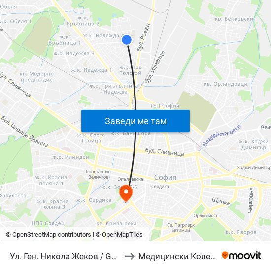 Ул. Ген. Никола Жеков / Gen. Nikola Zhekov St. (2574) to Медицински Колеж ""Й. Филаретова"" map