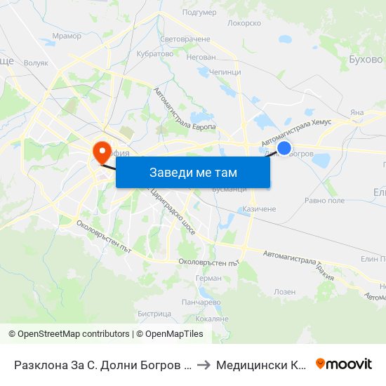 Разклона За С. Долни Богров / Fork Road To Dolni Bogrov Village (1212) to Медицински Колеж ""Й. Филаретова"" map