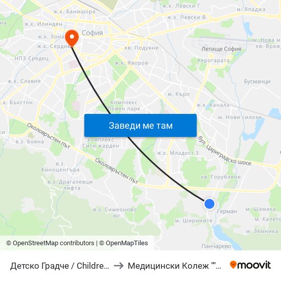 Детско Градче / Children’S Town (0536) to Медицински Колеж ""Й. Филаретова"" map