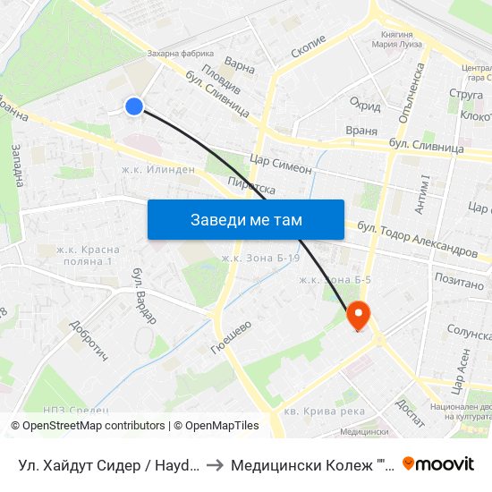 Ул. Хайдут Сидер / Haydut Sider St. (2229) to Медицински Колеж ""Й. Филаретова"" map