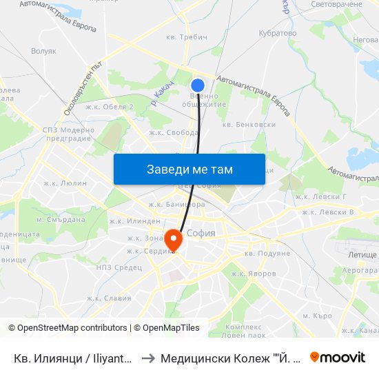 Кв. Илиянци / Iliyantsi Qr. (0848) to Медицински Колеж ""Й. Филаретова"" map