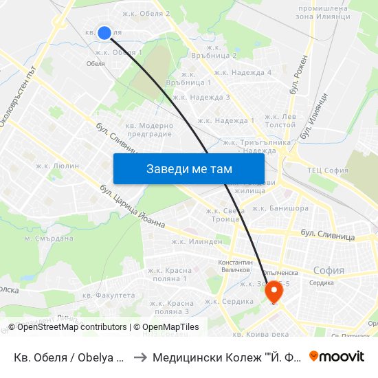 Кв. Обеля / Obelya Qr. (0874) to Медицински Колеж ""Й. Филаретова"" map