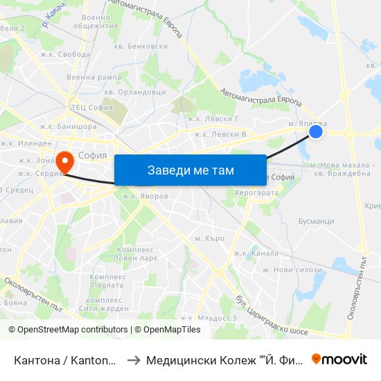 Кантона / Kantona (2441) to Медицински Колеж ""Й. Филаретова"" map