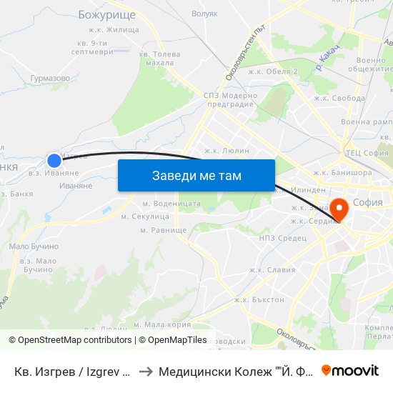 Кв. Изгрев / Izgrev Qr. (0842) to Медицински Колеж ""Й. Филаретова"" map