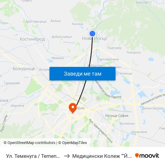 Ул. Теменуга / Temenuga St. (2200) to Медицински Колеж ""Й. Филаретова"" map