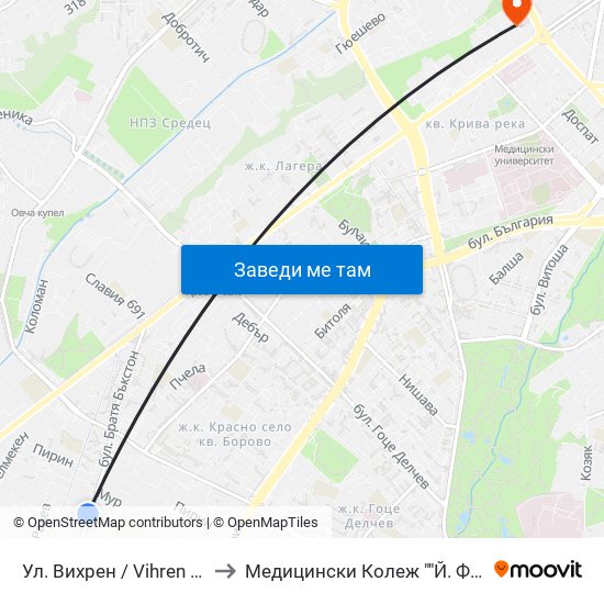 Ул. Вихрен / Vihren St. (1878) to Медицински Колеж ""Й. Филаретова"" map