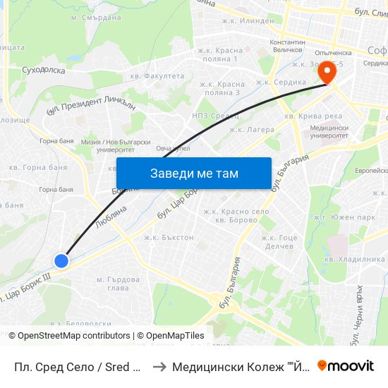 Пл. Сред Село / Sred Selo Sq. (1309) to Медицински Колеж ""Й. Филаретова"" map