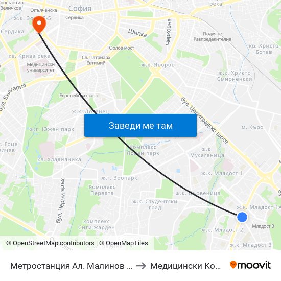 Метростанция Ал. Малинов / Al. Malinov Metro Station (0170) to Медицински Колеж ""Й. Филаретова"" map