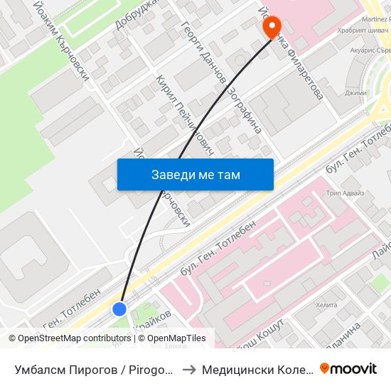 Умбалсм Пирогов / Pirogov Emergency Hospital (0759) to Медицински Колеж ""Й. Филаретова"" map