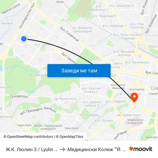 Ж.К. Люлин 3 / Lyulin 3 Qr. (0653) to Медицински Колеж ""Й. Филаретова"" map