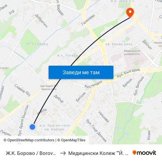 Ж.К. Борово / Borovo Sq. (2767) to Медицински Колеж ""Й. Филаретова"" map