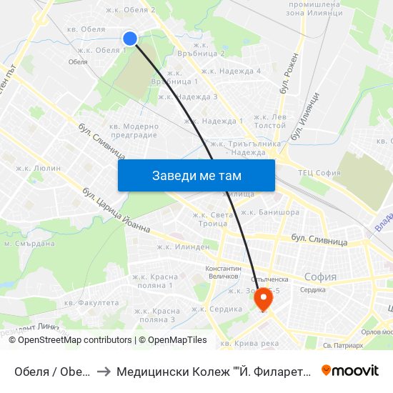 Обеля / Obelya to Медицински Колеж ""Й. Филаретова"" map