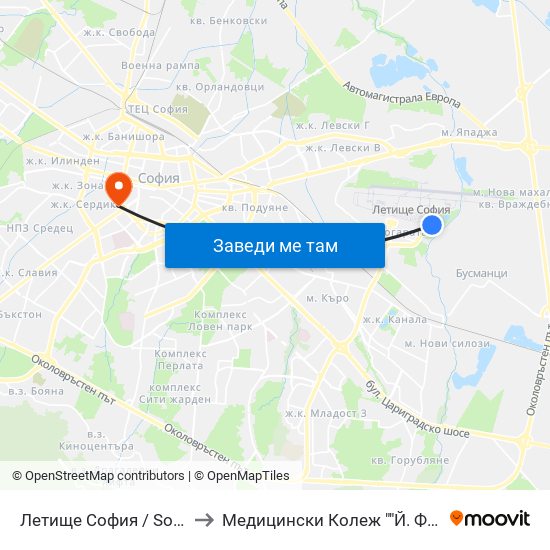 Летище София / Sofia Airport to Медицински Колеж ""Й. Филаретова"" map