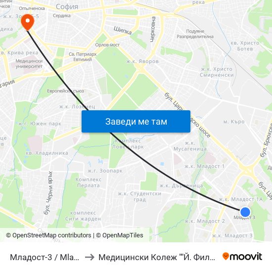 Младост-3 / Mladost 3 to Медицински Колеж ""Й. Филаретова"" map