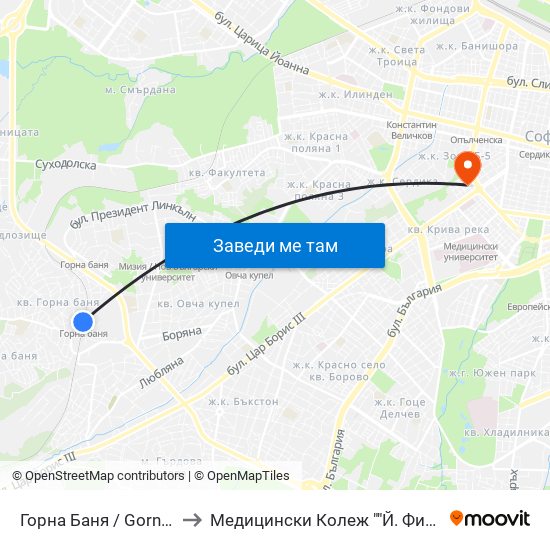 Горна Баня / Gorna Banya to Медицински Колеж ""Й. Филаретова"" map