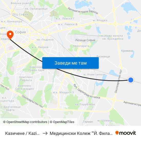 Казичене / Kazichene to Медицински Колеж ""Й. Филаретова"" map