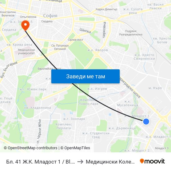 Бл. 41 Ж.К. Младост 1 / Bl. 41, Mladost 1 Qr. (0210) to Медицински Колеж ""Й. Филаретова"" map