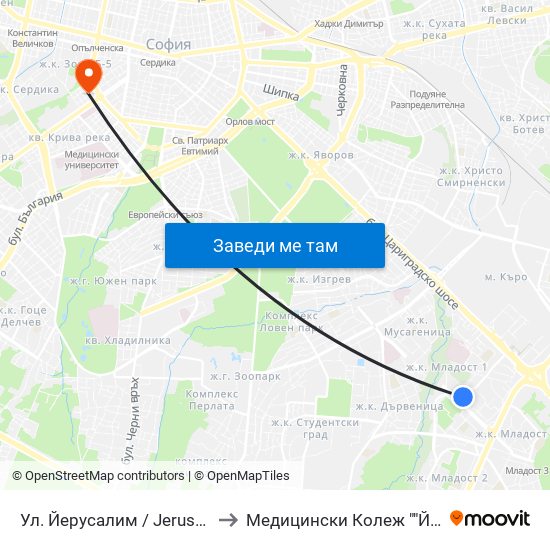 Ул. Йерусалим / Jerusalem St. (0447) to Медицински Колеж ""Й. Филаретова"" map