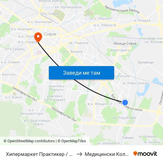 Хипермаркет Практикер / Praktiker Hypermarket (2409) to Медицински Колеж ""Й. Филаретова"" map