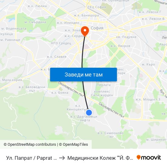 Ул. Папрат / Paprat St (6703) to Медицински Колеж ""Й. Филаретова"" map