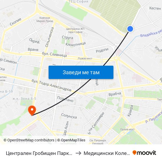 Централен Гробищен Парк / Sofia City Cemetery (2333) to Медицински Колеж ""Й. Филаретова"" map