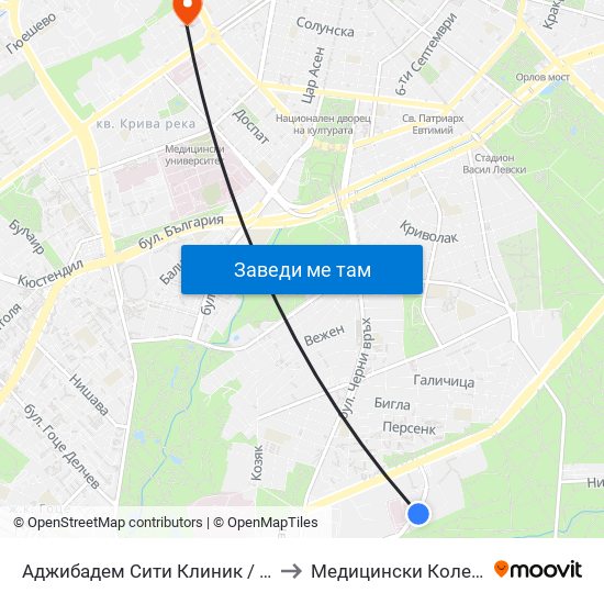 Аджибадем Сити Клиник / Acibadem City Clinic (2779) to Медицински Колеж ""Й. Филаретова"" map
