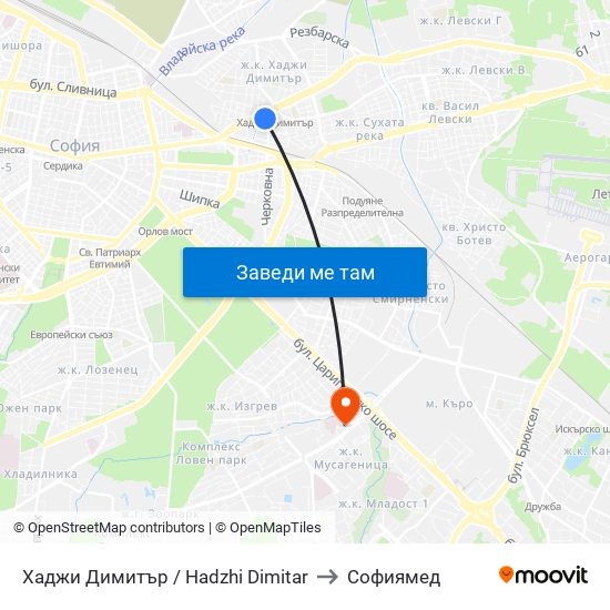 Хаджи Димитър / Hadzhi Dimitar to Софиямед map