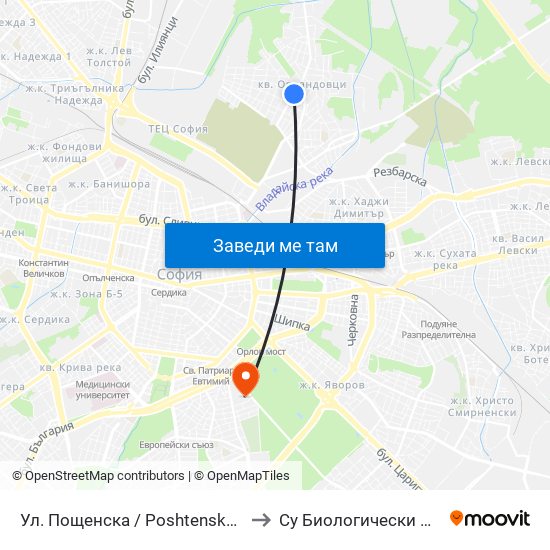 Ул. Пощенска / Poshtenska St. (0046) to Су Биологически Факултет map
