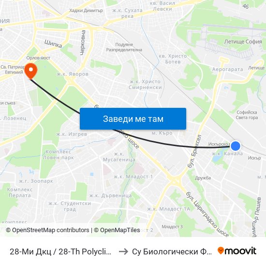 28-Ми Дкц / 28-Th Polyclinic (0025) to Су Биологически Факултет map