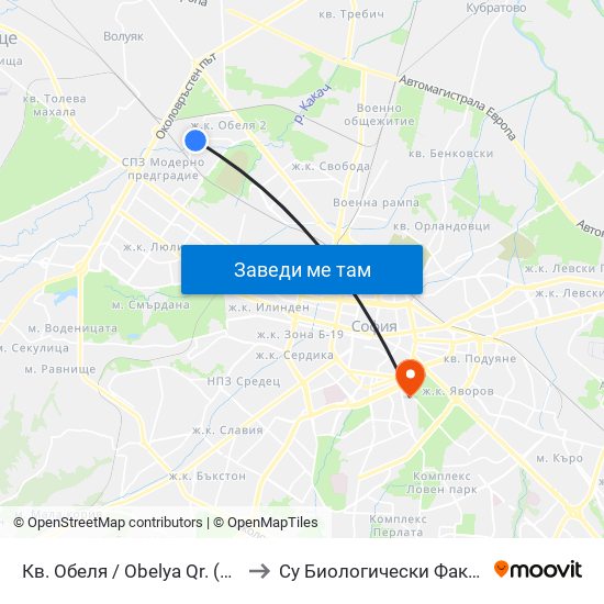 Кв. Обеля / Obelya Qr. (0874) to Су Биологически Факултет map