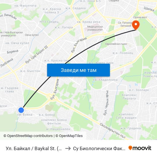 Ул. Байкал / Baykal St. (1836) to Су Биологически Факултет map