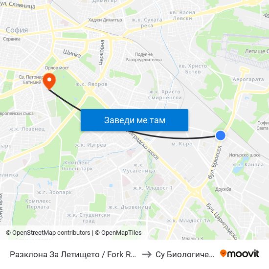 Разклона За Летището / Fork Road To Sofia Airport (1454) to Су Биологически Факултет map