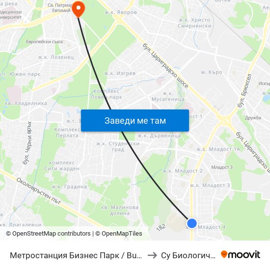 Метростанция Бизнес Парк / Business Park Metro Station (2373) to Су Биологически Факултет map