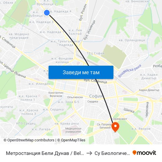 Метростанция Бели Дунав / Beli Dunav Metro Station (6707) to Су Биологически Факултет map