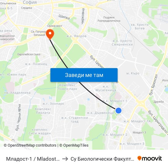 Младост-1 / Mladost 1 to Су Биологически Факултет map