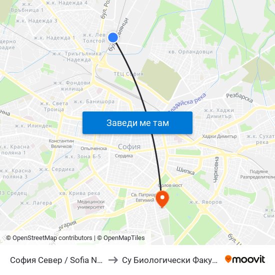 София Север / Sofia North to Су Биологически Факултет map