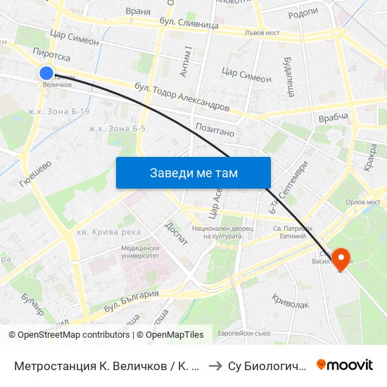 Метростанция К. Величков / K. Velichkov Metro Station (1051) to Су Биологически Факултет map