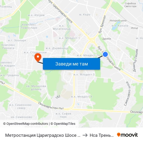 Метростанция Цариградско Шосе / Tsarigradsko Shosse Metro Station (1016) to Нса Треньорски Факултет map